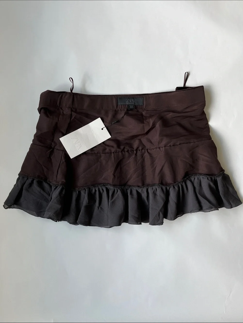 Zara Chocolate Brown Mini Skirt with Gray Ruffle Trim